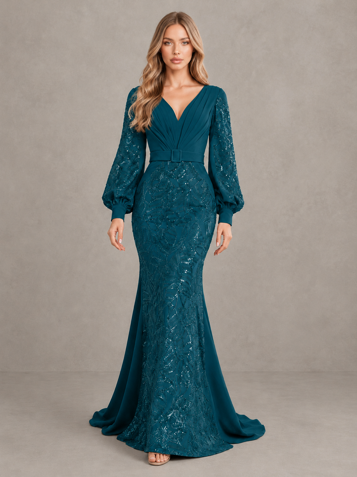 BOLODOO Peacock Sequin Long Bishop Sleeve Mermaid Evening Dress - Peacock - Peacock (1)