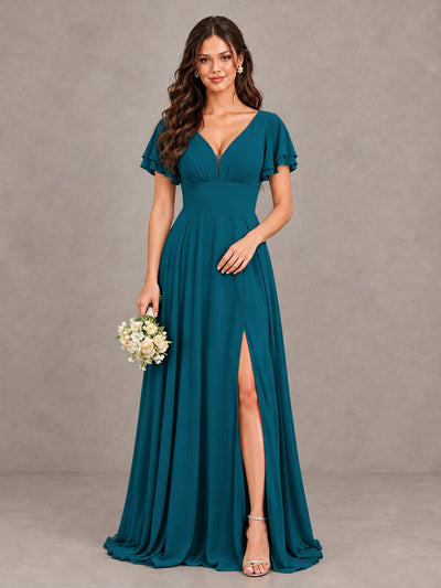 BOLODOO Peacock Flutter Sleeve Chiffon A-Line Maxi Bridesmaid Dress with Open Back & Slit - Peacock - Peacock (1)