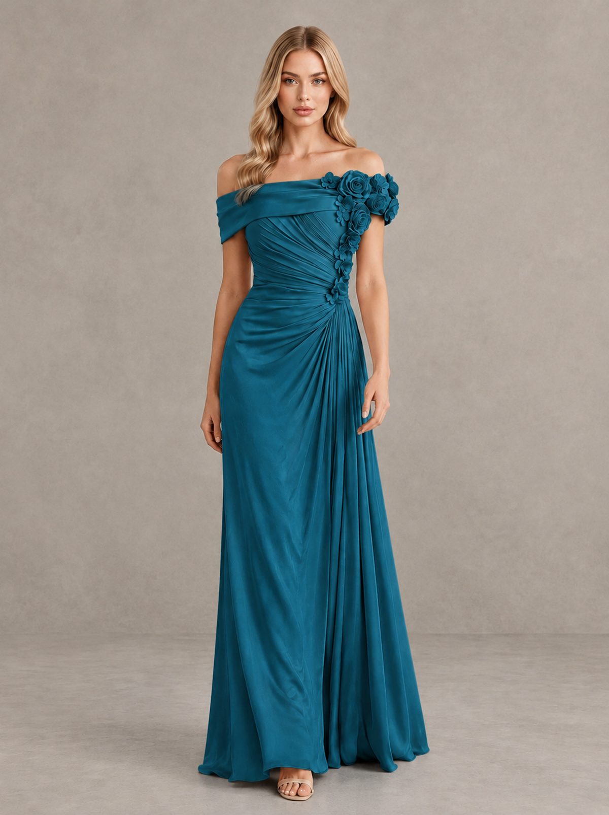 BOLODOO Peacock Off-Shoulder Floral Applique Wedding Guest Maxi Dress - Peacock - Peacock (1)