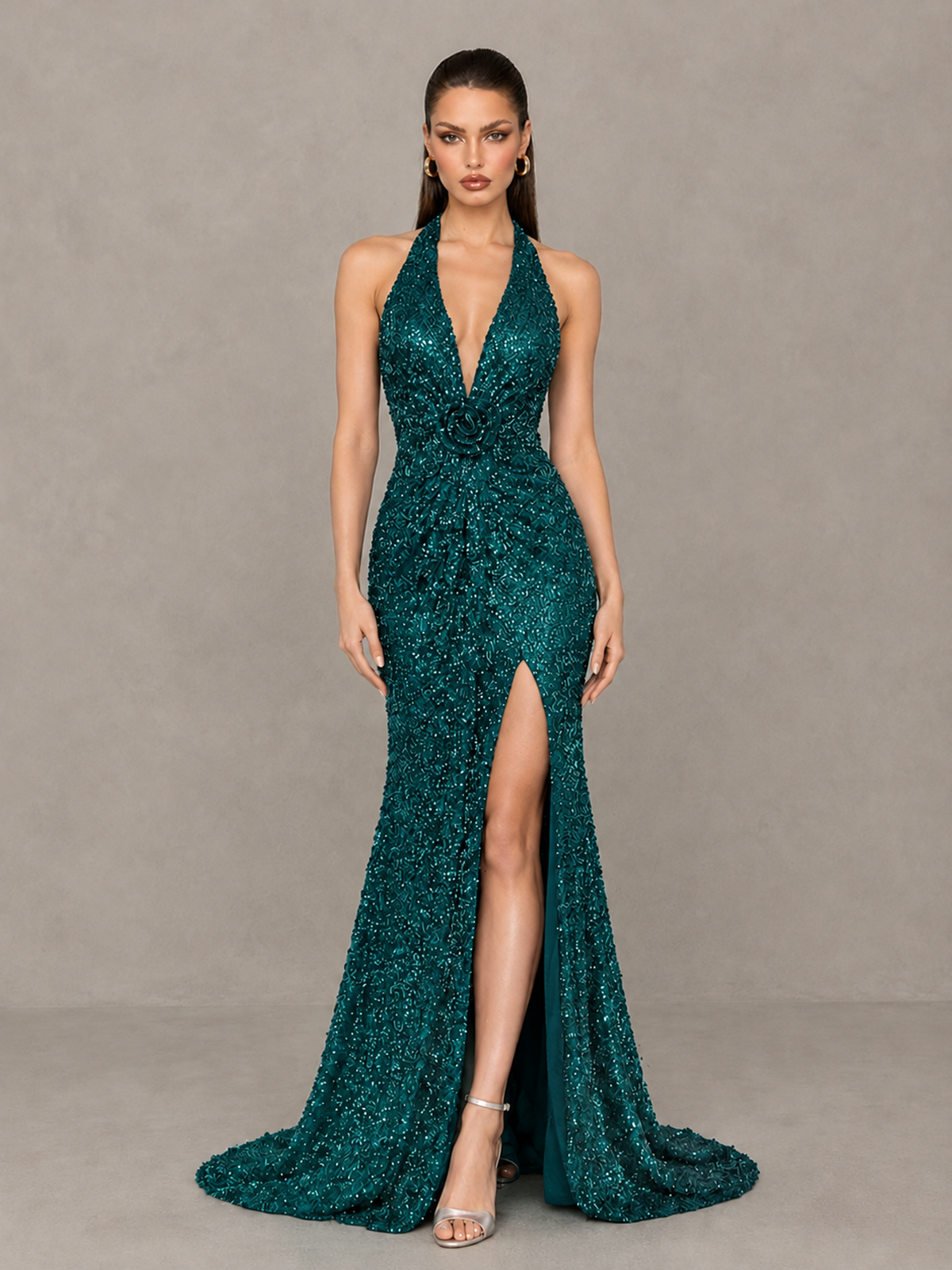 BOLODOO Peacock Sequin Halter Open Back Evening Gown with High Slit - Peacock - Peacock (1)