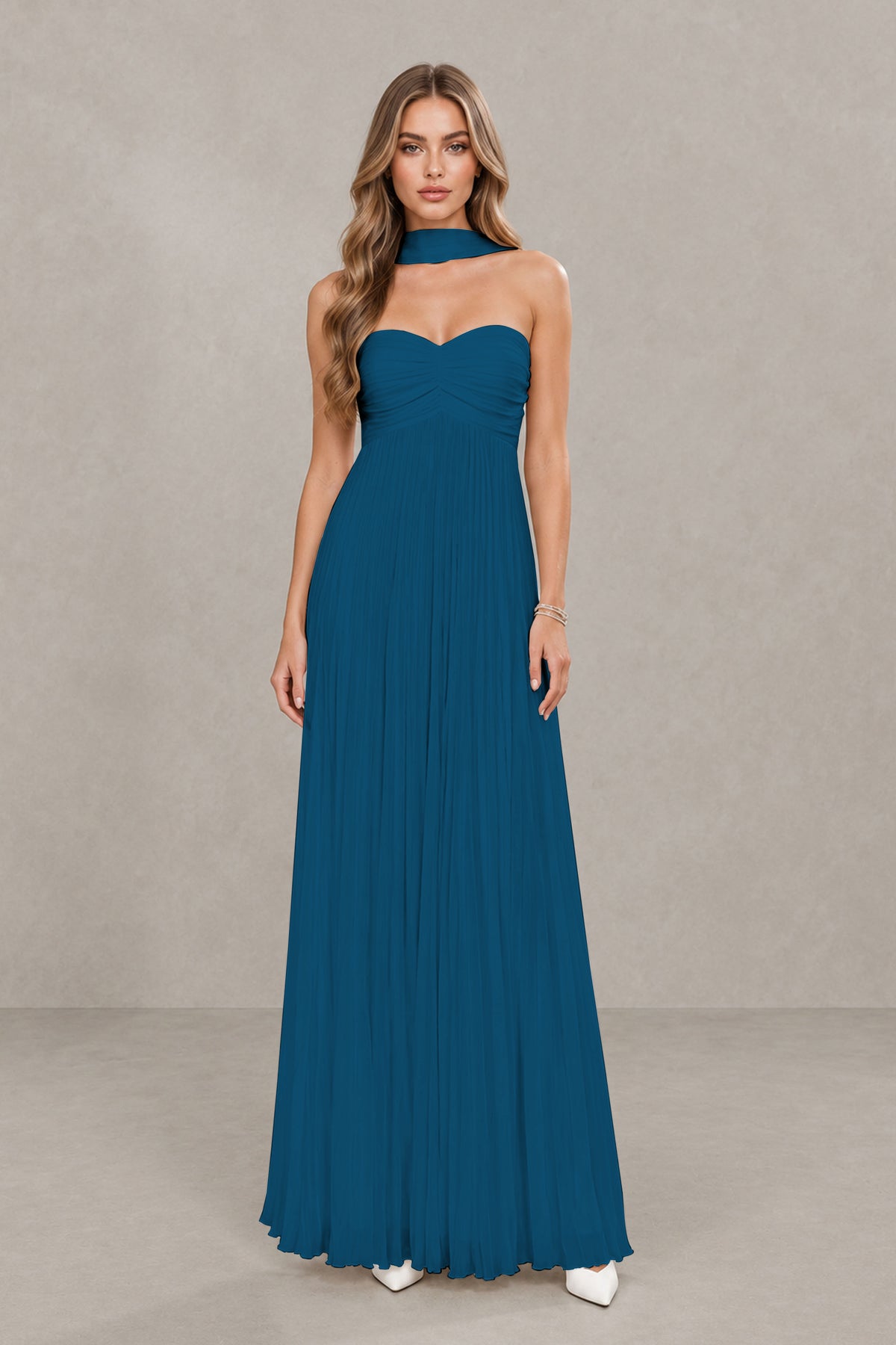 BOLODOO Peacock Strapless Chiffon-Look Maxi Dress with Lace-Up Back & Cape - Peacock