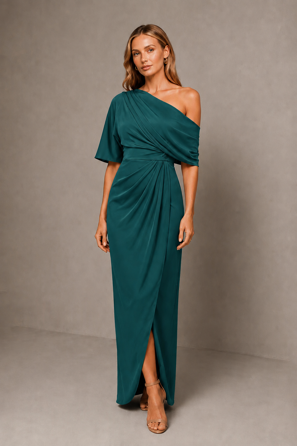 BOLODOO Peacock One-Shoulder Draped Satin Maxi Dress with Front Slit - Peacock