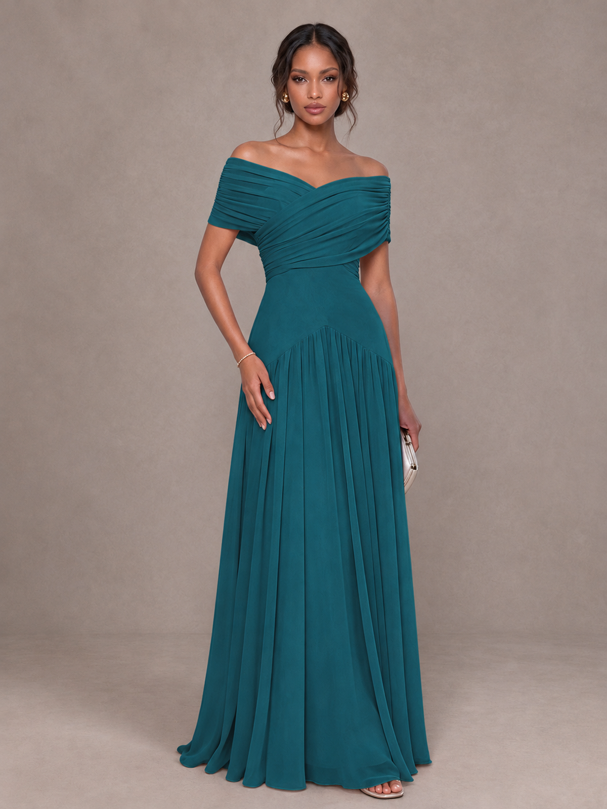 BOLODOO Peacock Off-Shoulder Ruched A-Line Bridesmaid Dress - Peacock - Peacock (1)
