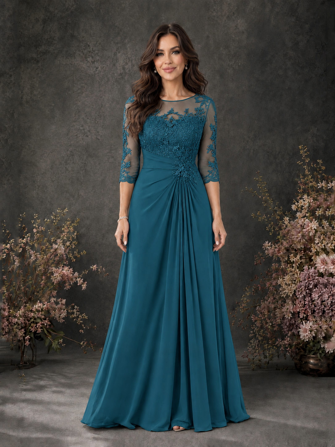 BOLODOO Peacock Chiffon Lace Illusion Neckline 3/4 Sleeve Floor Length Formal Gown - Peacock