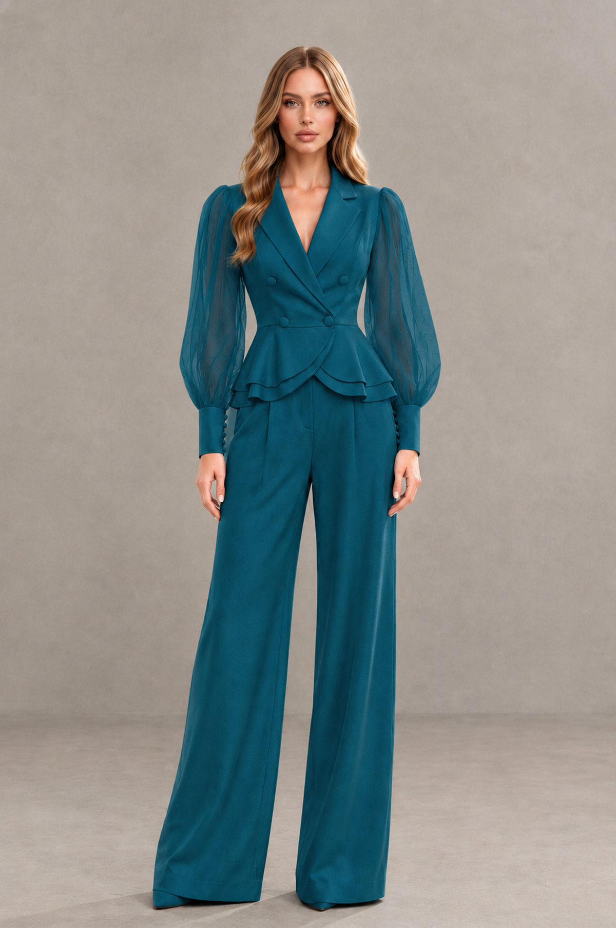 BOLODOO Mint Peacock Peplum Blazer Wide-Leg Pantsuit with Sheer Puff Sleeves - Peacock