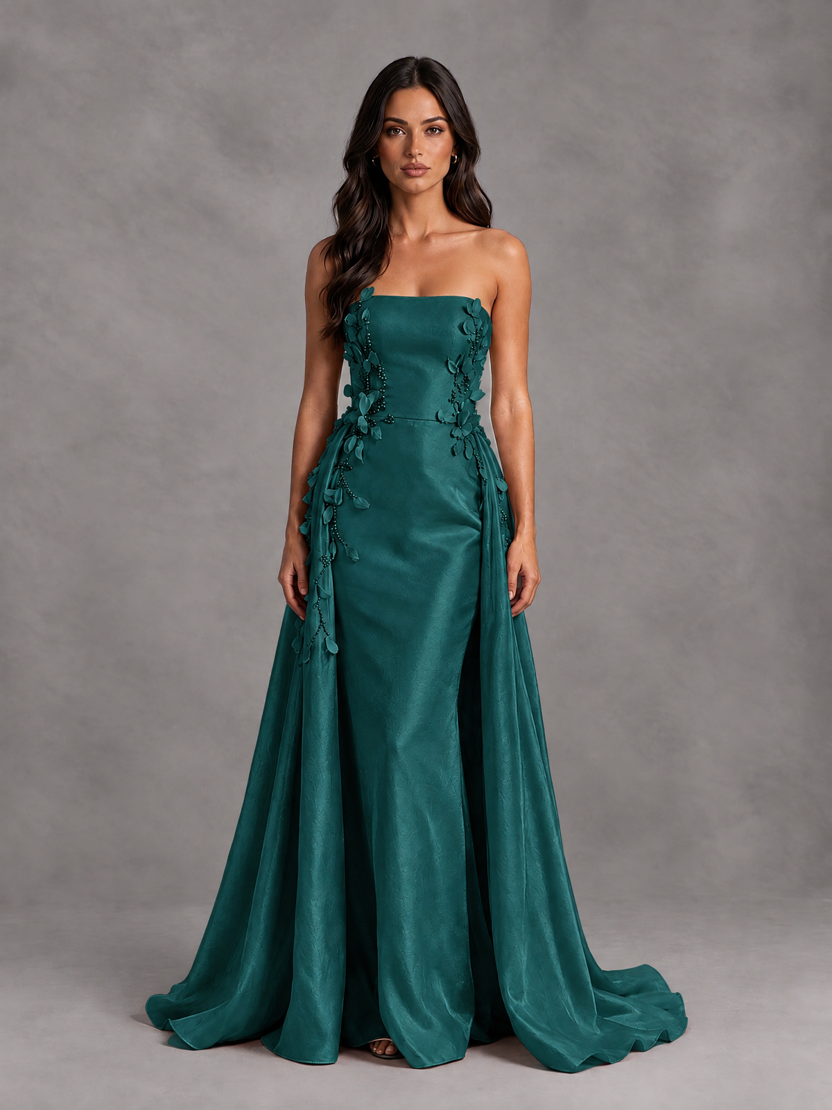 BOLODOO Peacock Strapless Floral Applique Prom Dress with Overskirt - Peacock - Peacock (1)