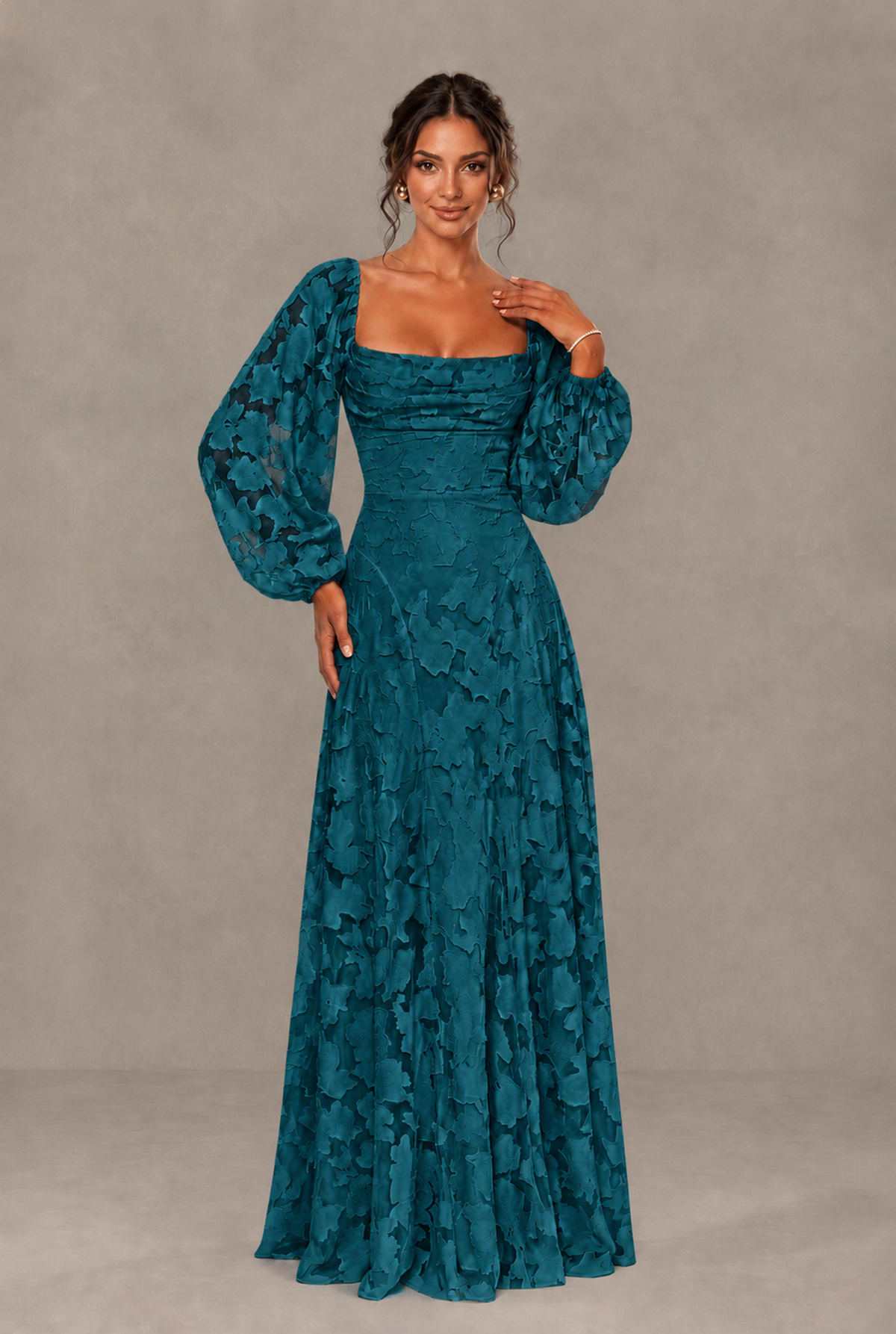 BOLODOO Floral Peacock Long Sleeve A-Line Dress with Lace-Up Back - Peacock