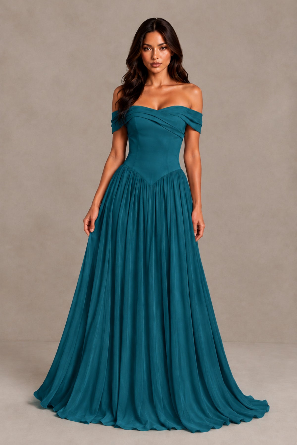 BOLODOO Peacock Off-Shoulder Sweetheart Corset Pleated Chiffon Maxi Dress - Peacock - Peacock (1)