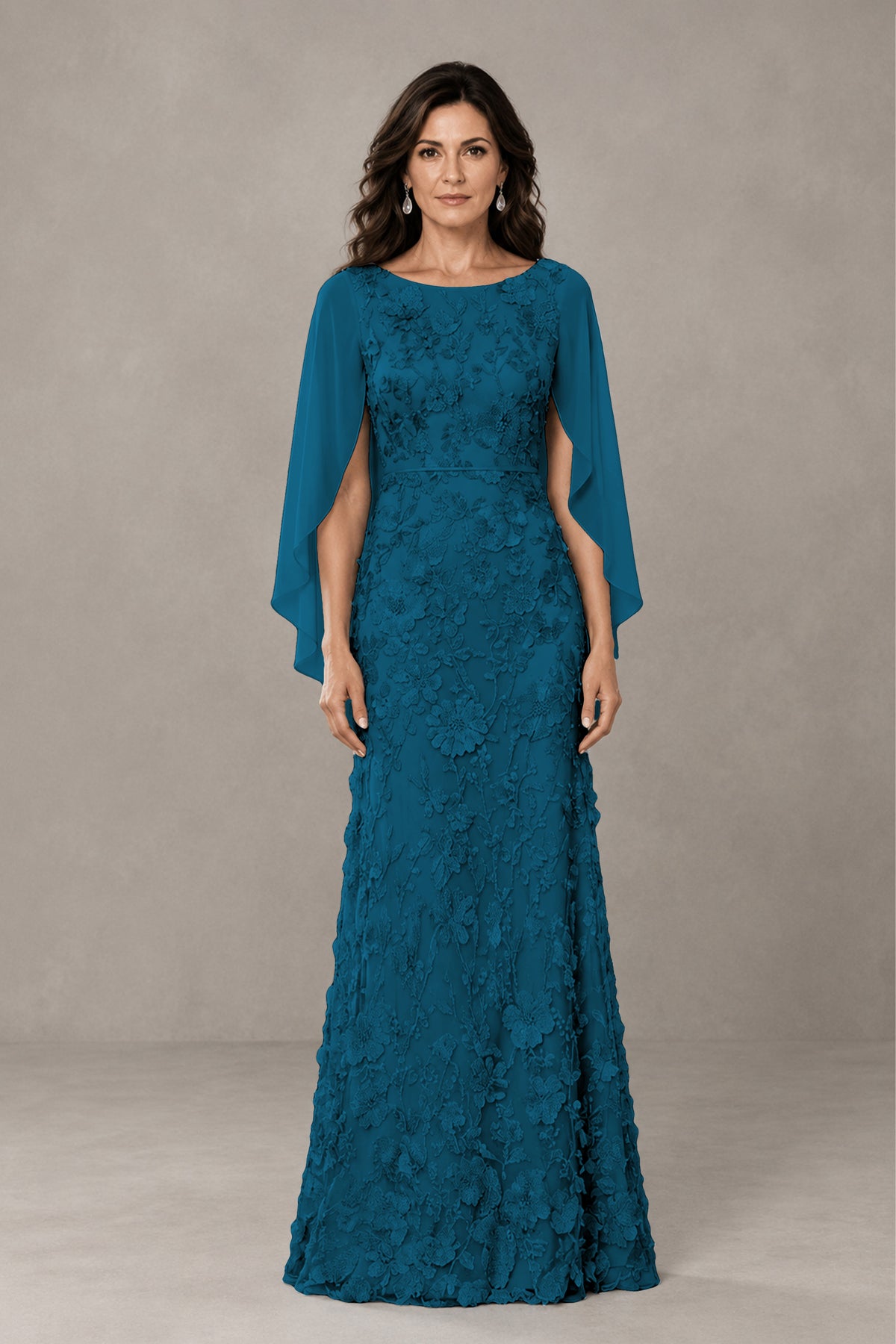 BOLODOO Peacock Lace Mother of the Bride Dress with Cape Sleeves - Peacock