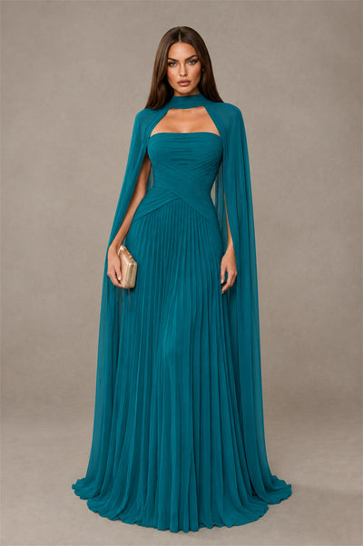 BOLODOO Peacock Strapless Crossover Ruched Bodice Detached Turtleneck Cape Lace-Up Back Pleated Chiffon Maxi Dress - Peacock