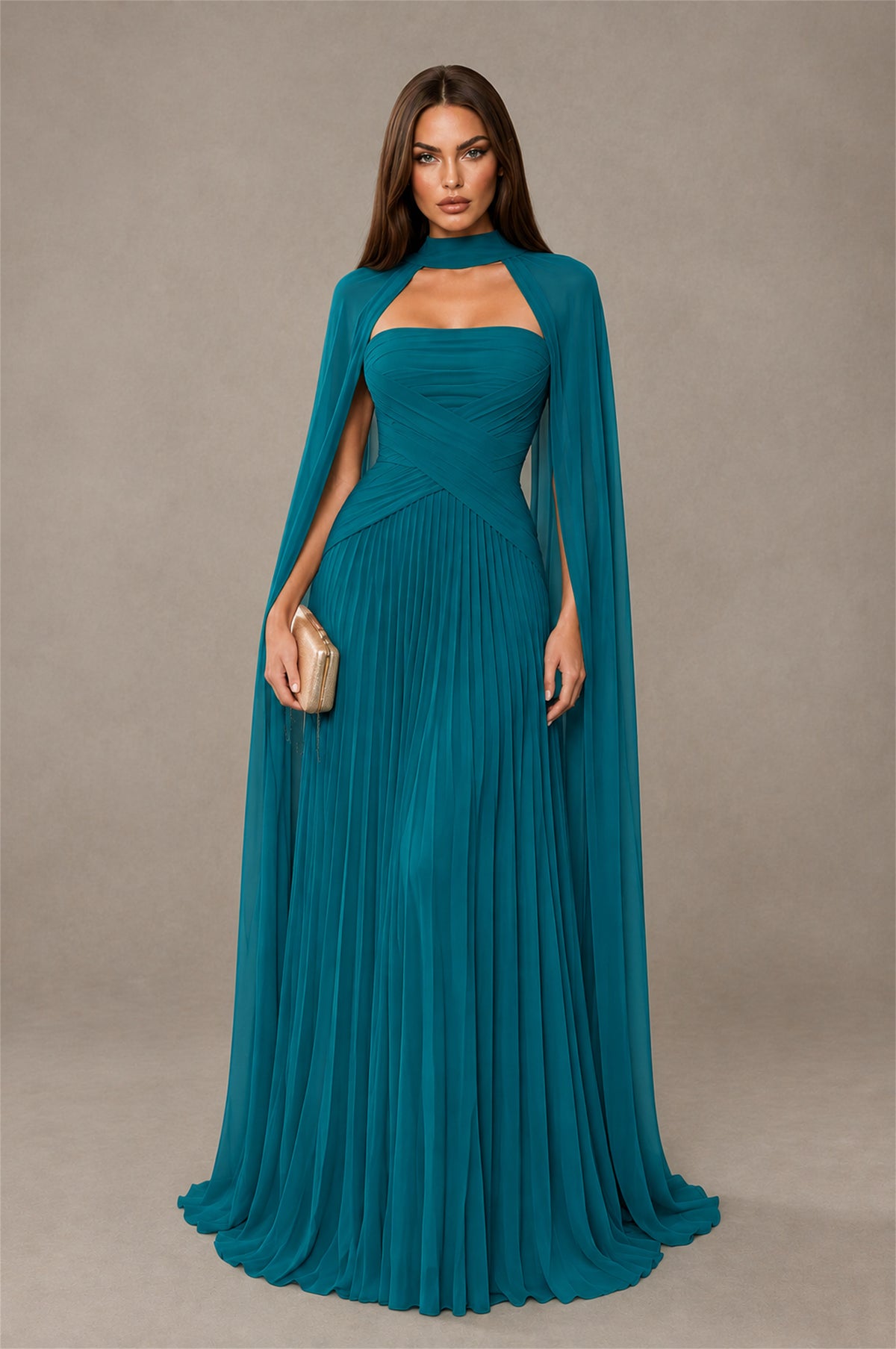 BOLODOO Peacock Strapless Crossover Ruched Bodice Detached Turtleneck Cape Lace-Up Back Pleated Chiffon Maxi Dress - Peacock