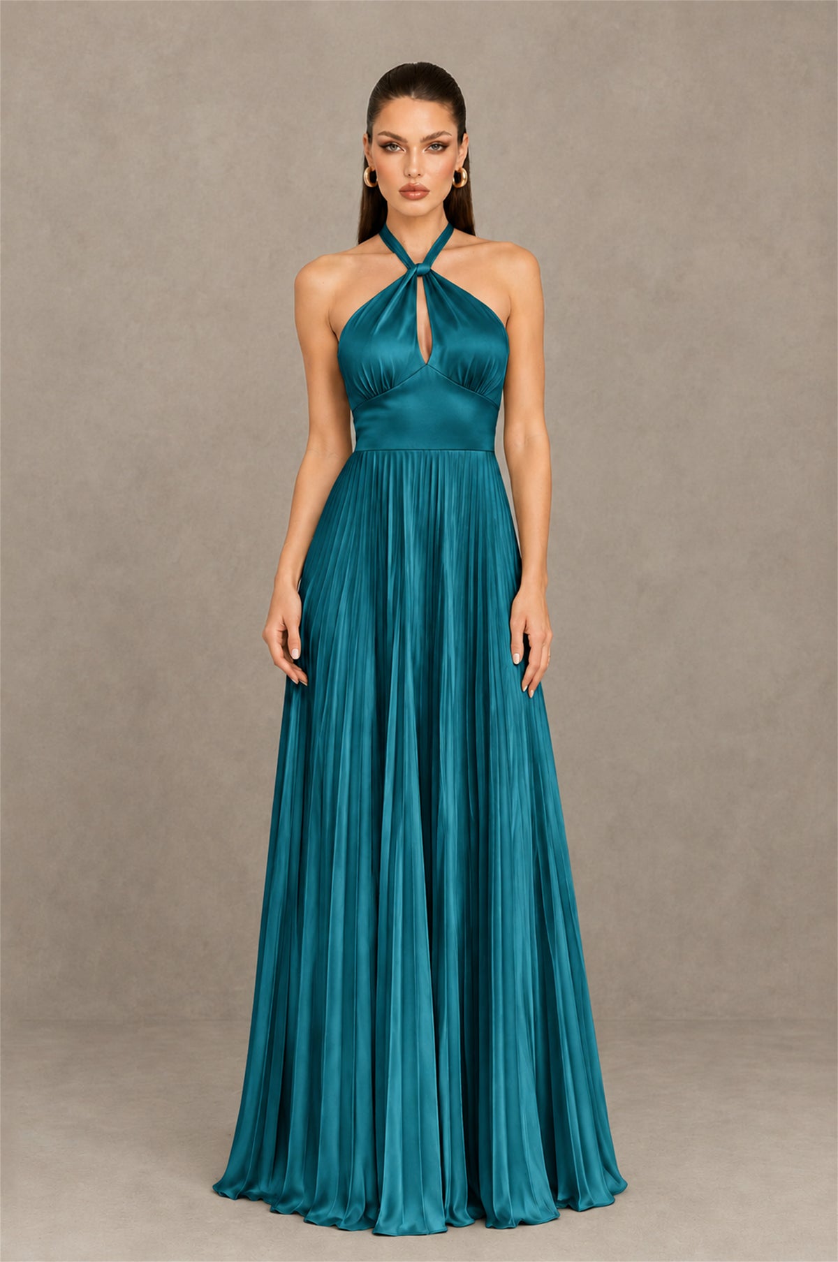 BOLODOO Peacock Halter Pleated A-Line Evening Dress - Peacock - Peacock (1)