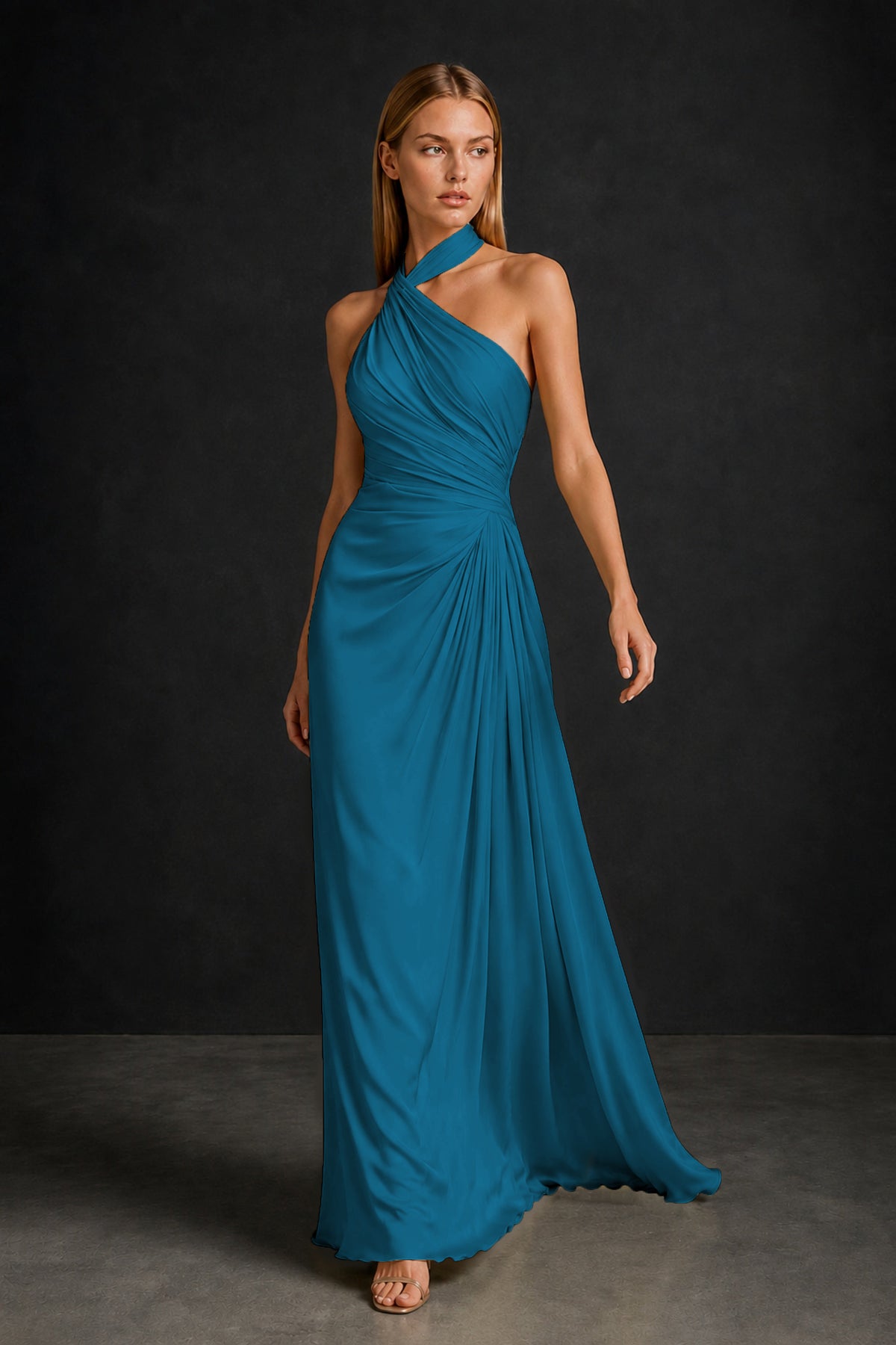 BOLODOO Peacock Twisted Halter Neck Ruched Sleeveless Open Back Floor-Length Gown - Peacock