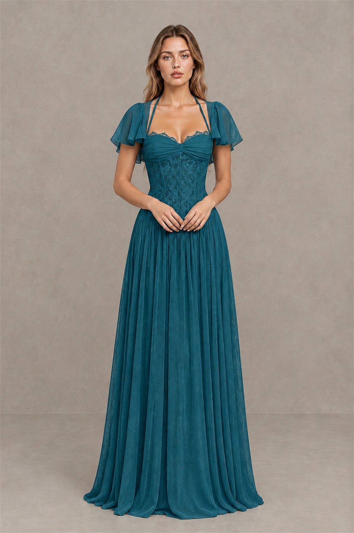 BOLODOO Peacock Flutter Sleeve Lace Corset A-Line Maxi Dress - Peacock - Peacock (1)
