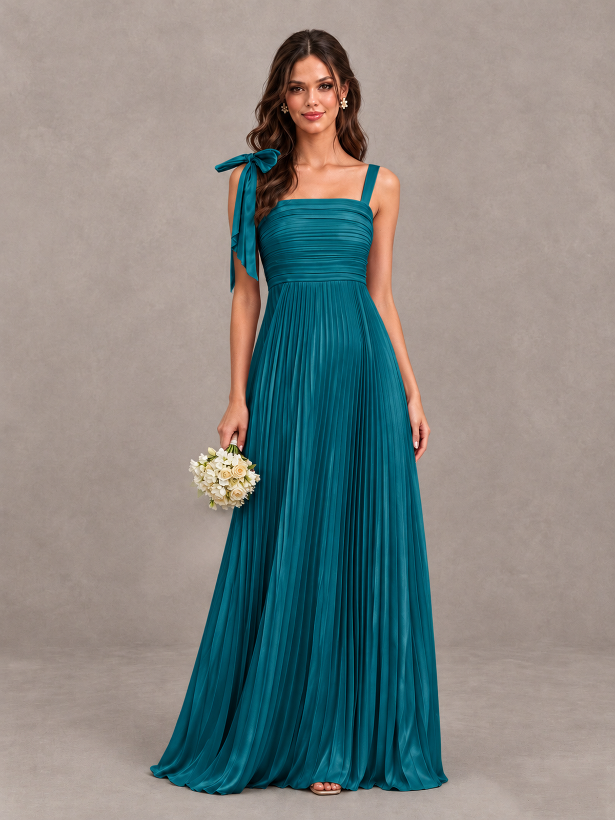BOLODOO Peacock Pleated Bow-Strap Bridesmaid Maxi Dress - Peacock - Peacock (1)