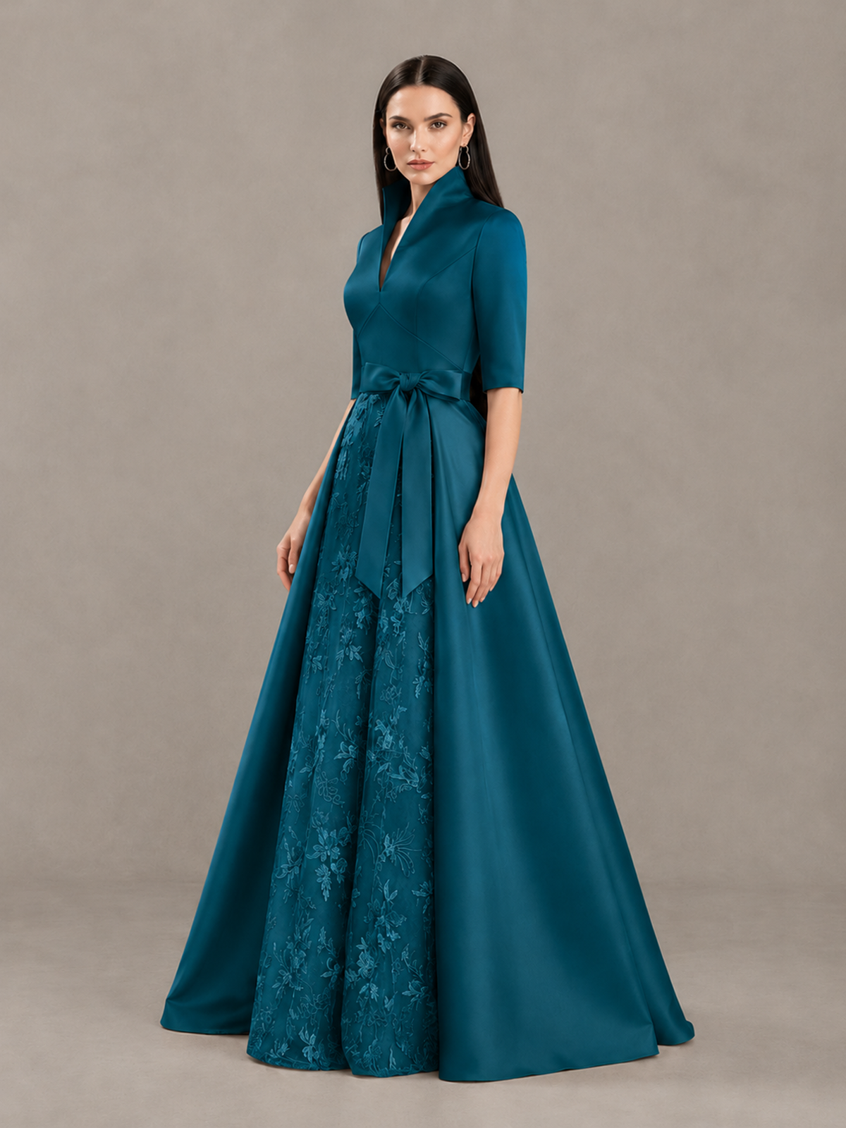 BOLODOO Peacock Stand Collar Bow Waist Floral Embroidered Evening Gown - Peacock - Peacock (1)
