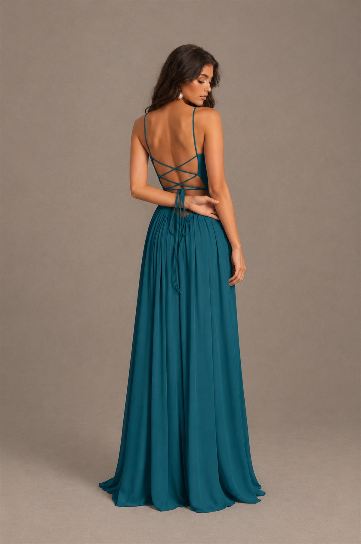 BOLODOO Peacock Spaghetti Strap Square Neck Ruched Chiffon Maxi Dress with Lace-Up Back - Peacock