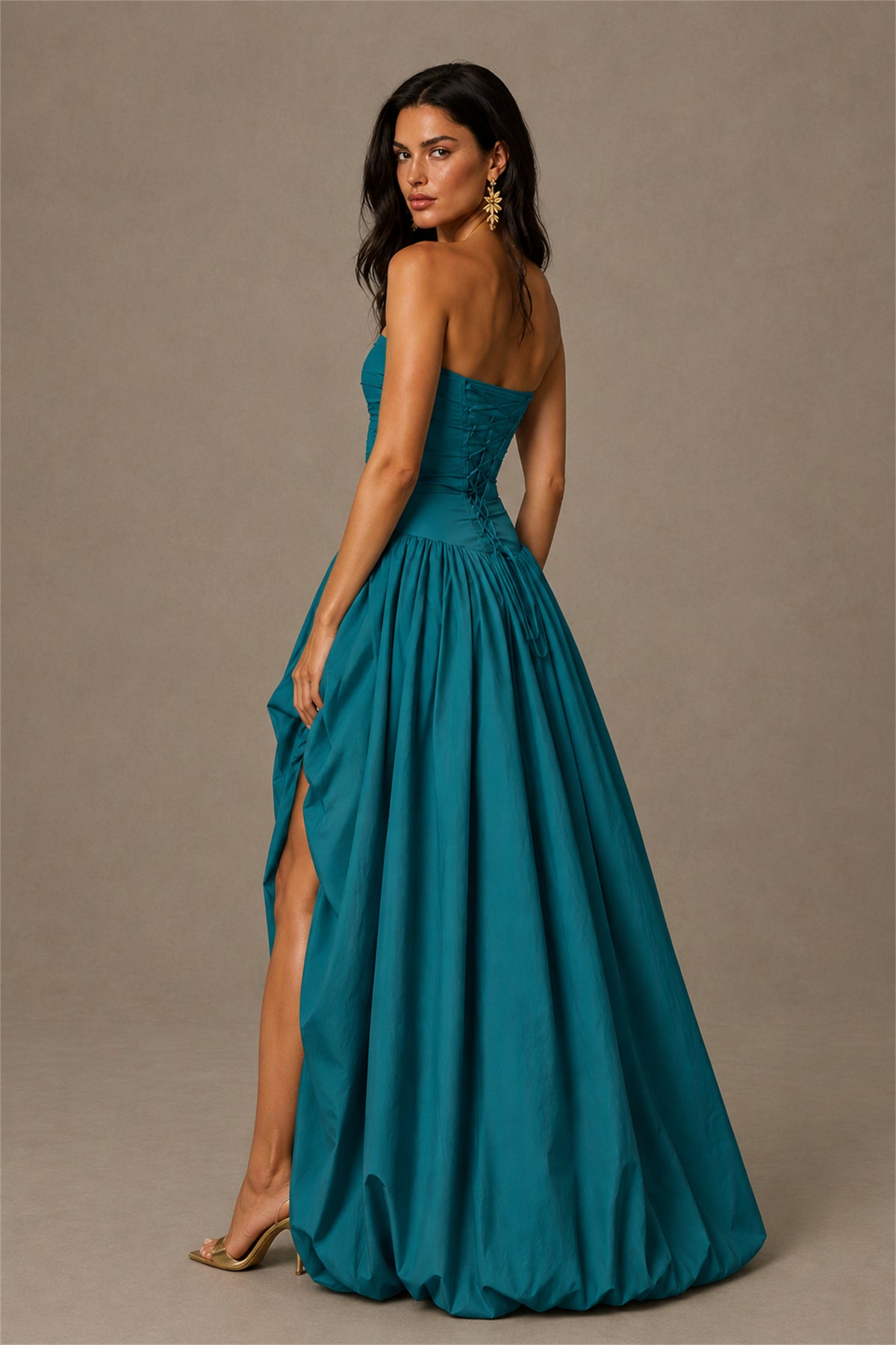BOLODOO Peacock Strapless Ruched Corset Lace-Up Back Bubble Skirt High Slit Taffeta Maxi Dress - Peacock
