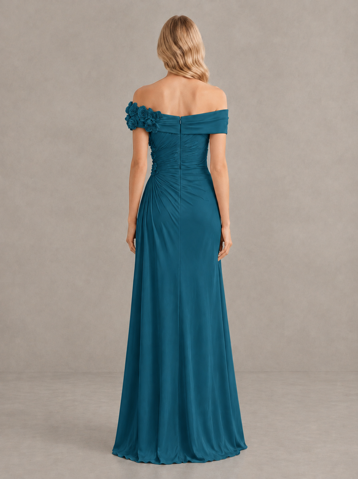 BOLODOO Peacock Off-Shoulder Floral Applique Wedding Guest Maxi Dress - Peacock - Peacock (2)