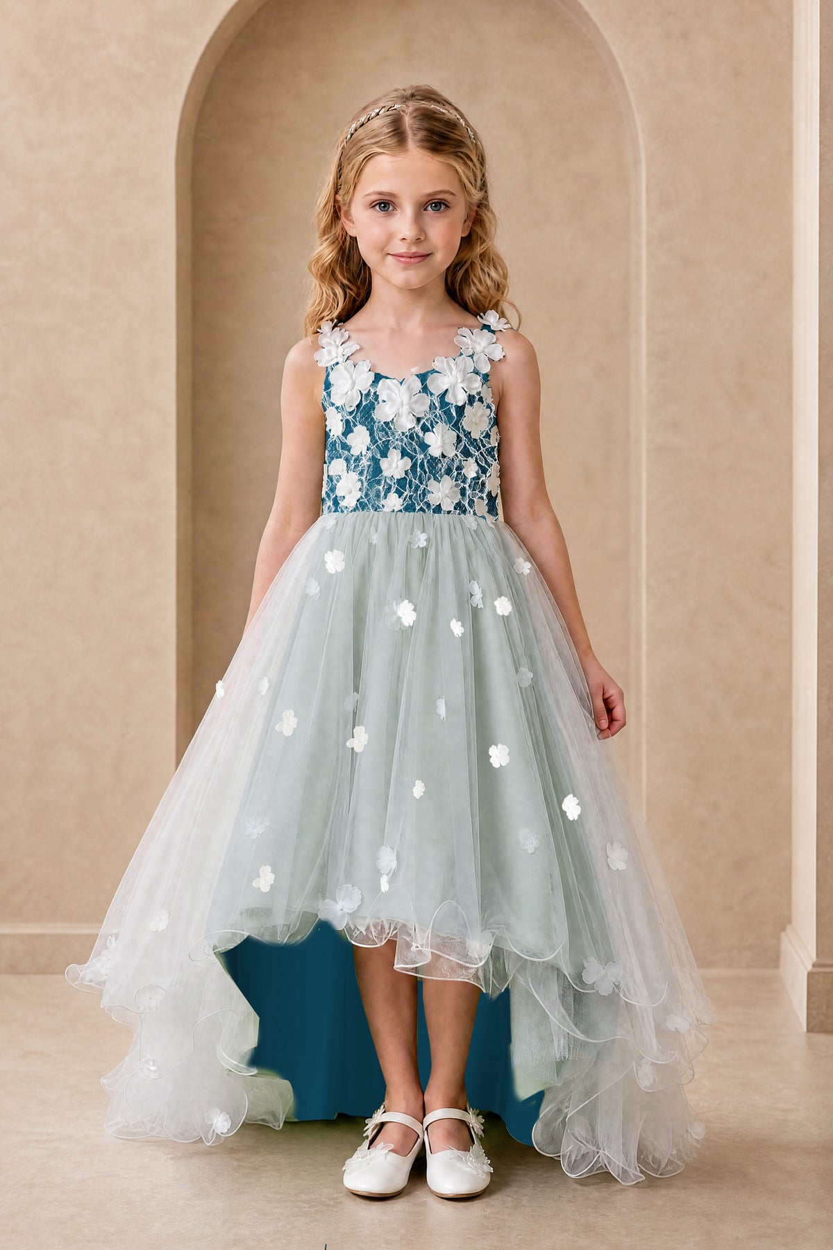 BOLODOO Peacock Flower Girl Dress with Floral Appliqué and High-Low Tulle Skirt - Peacock