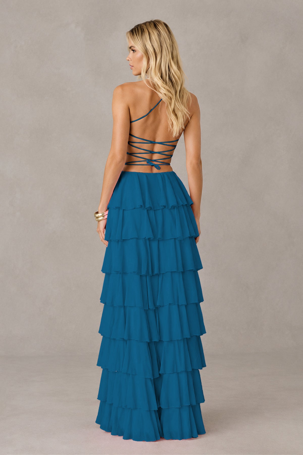 BOLODOO Peacock Strapless Tiered Ruffle Maxi Dress with Slit & Lace-Up Back - Peacock