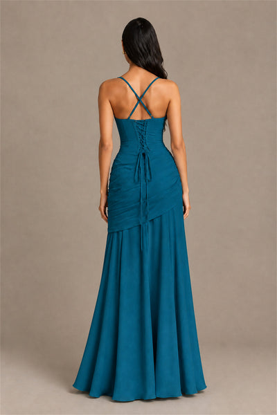 BOLODOO Square Neck Ruched A-Line Maxi Dress - Peacock Backless Evening Gown - Peacock