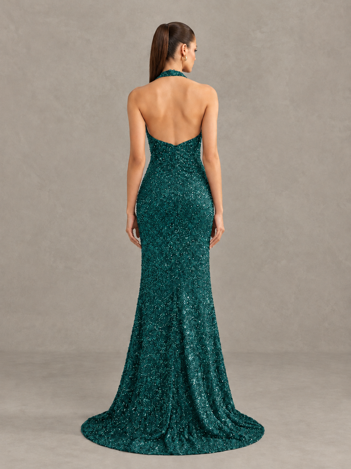 BOLODOO Peacock Sequin Halter Open Back Evening Gown with High Slit - Peacock - Peacock (2)