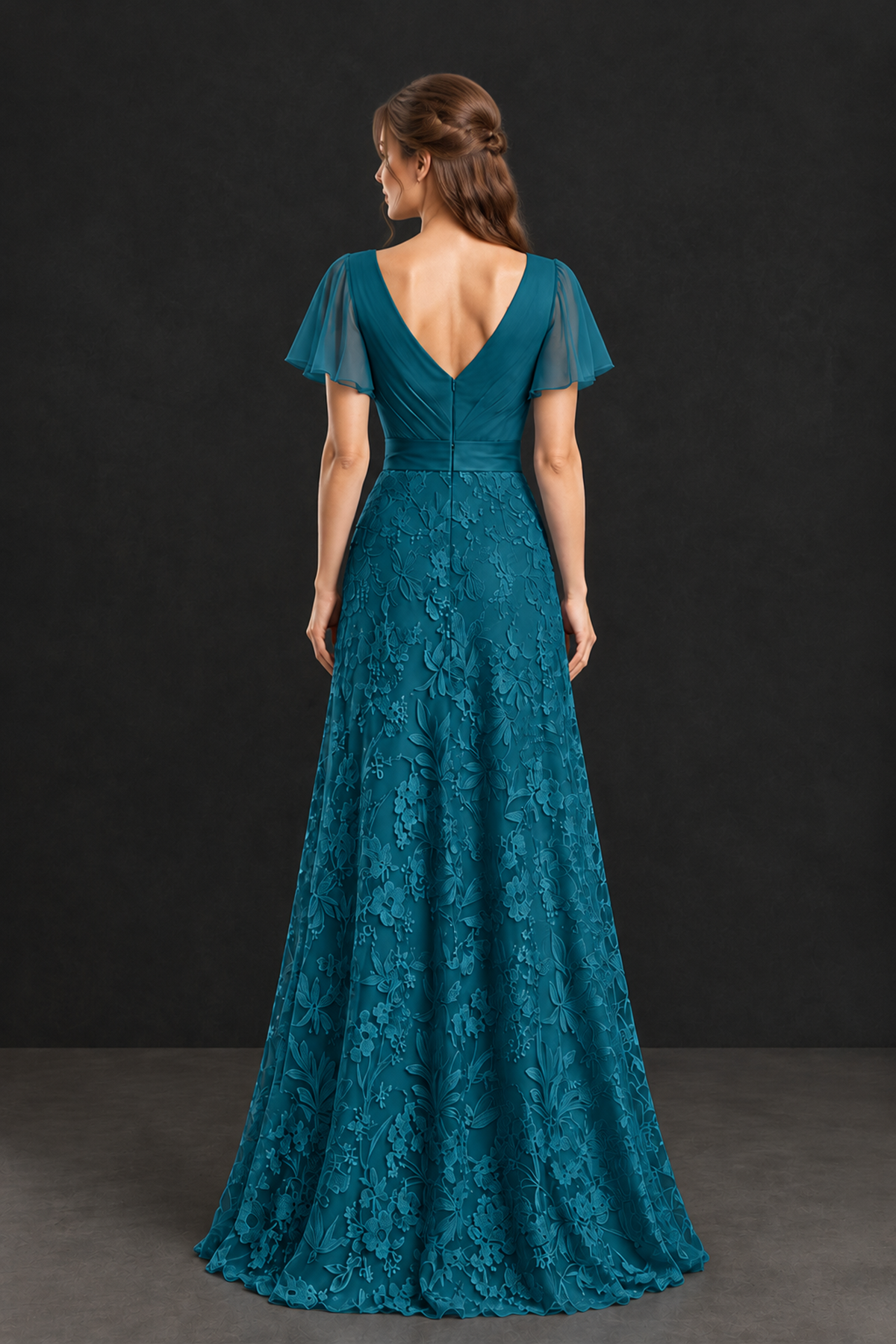 BOLODOO Peacock Flutter Sleeve Lace Mother of the Bride Dress - Peacock