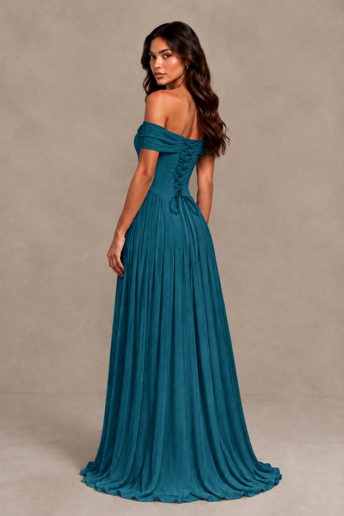 BOLODOO Peacock Off-Shoulder Sweetheart Corset Pleated Chiffon Maxi Dress - Peacock - Peacock (2)