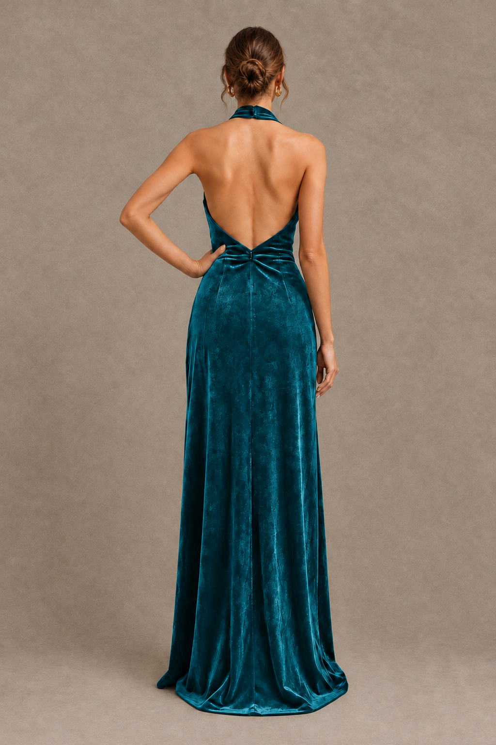 BOLODOO Peacock Velvet Halter Neck Open Back Evening Gown - Peacock