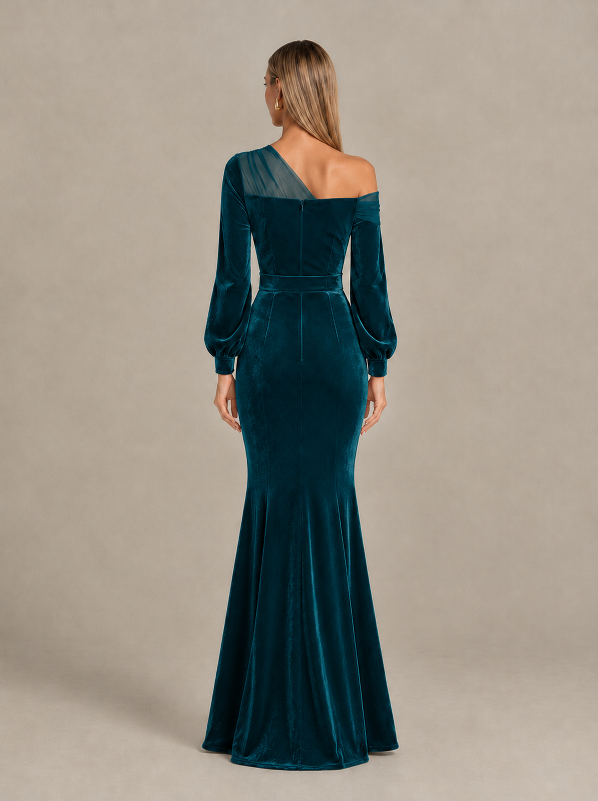 BOLODOO Peacock Velvet Mermaid Evening Dress with Long Sleeves - Peacock - Peacock (2)