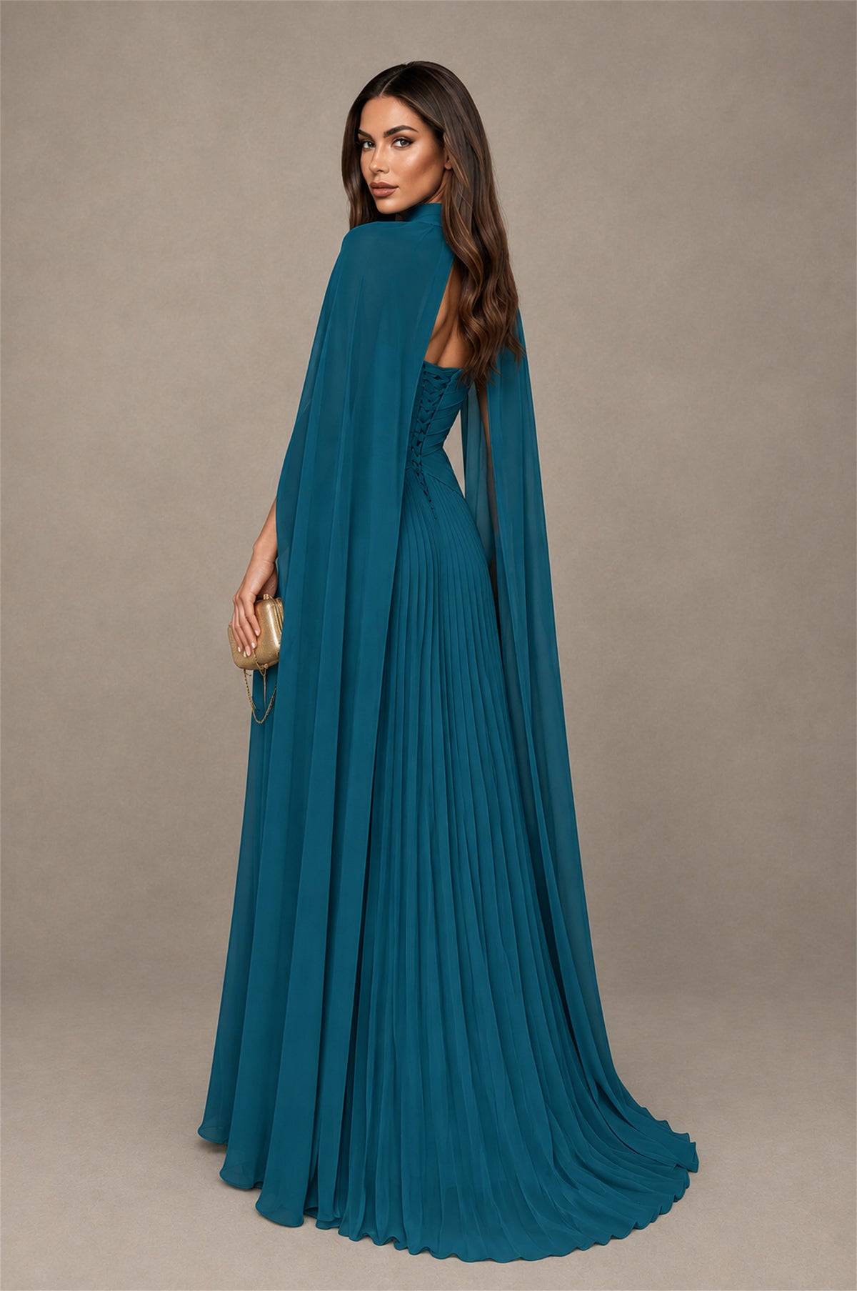 BOLODOO Peacock Strapless Crossover Ruched Bodice Detached Turtleneck Cape Lace-Up Back Pleated Chiffon Maxi Dress - Peacock