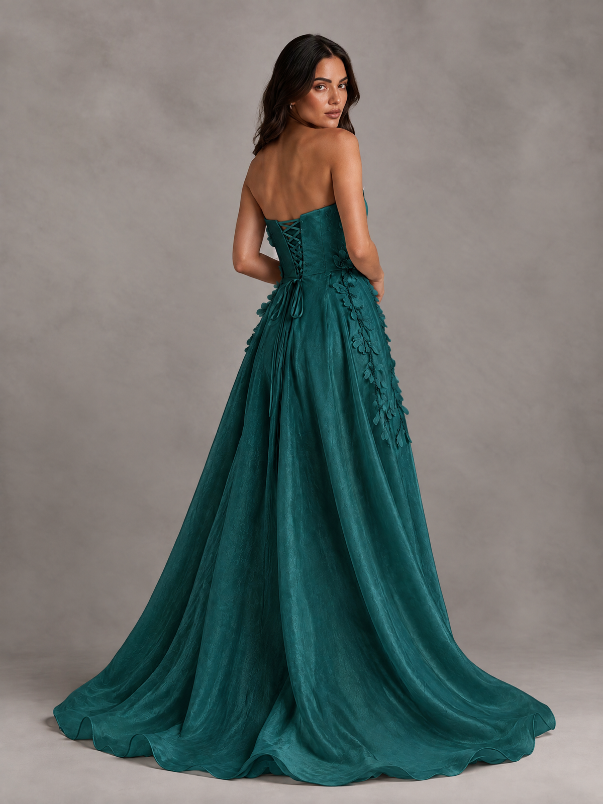 BOLODOO Peacock Strapless Floral Applique Prom Dress with Overskirt - Peacock - Peacock (2)
