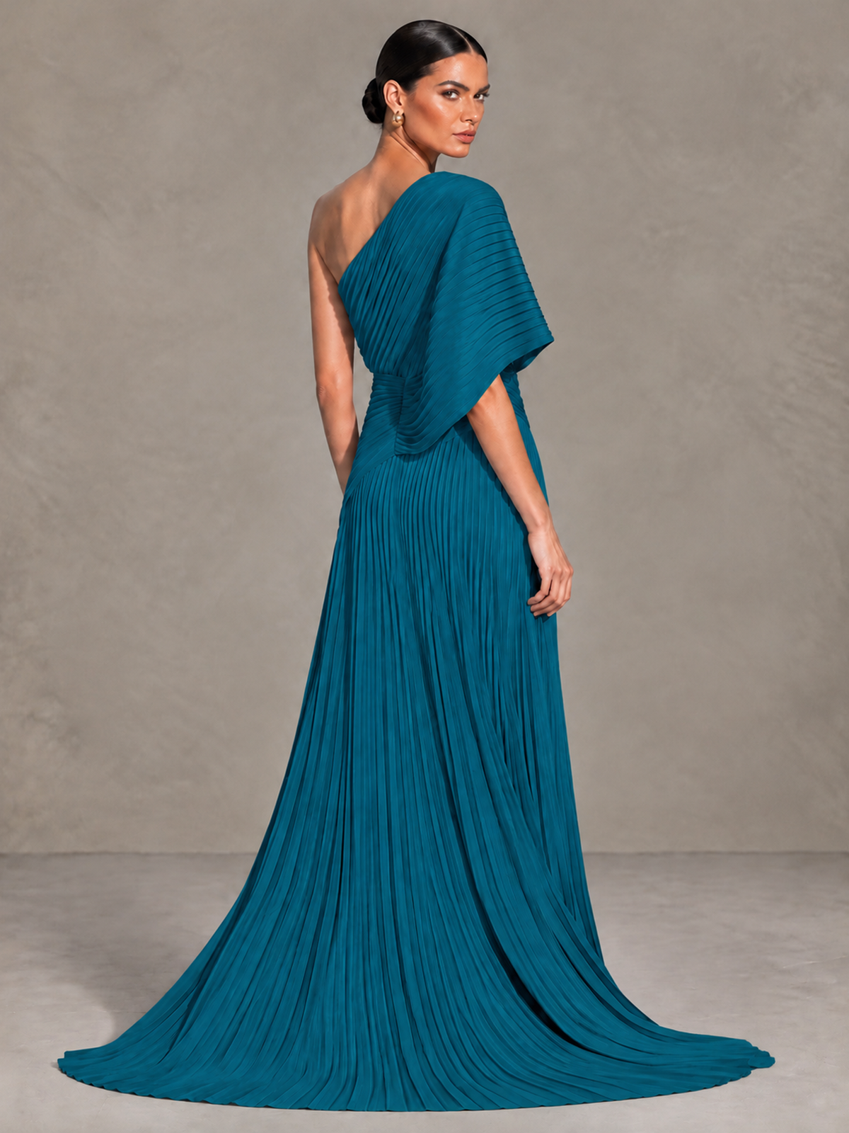 BOLODOO Peacock One-Shoulder Pleated Cape Evening Gown with Train - Peacock - Peacock (2)