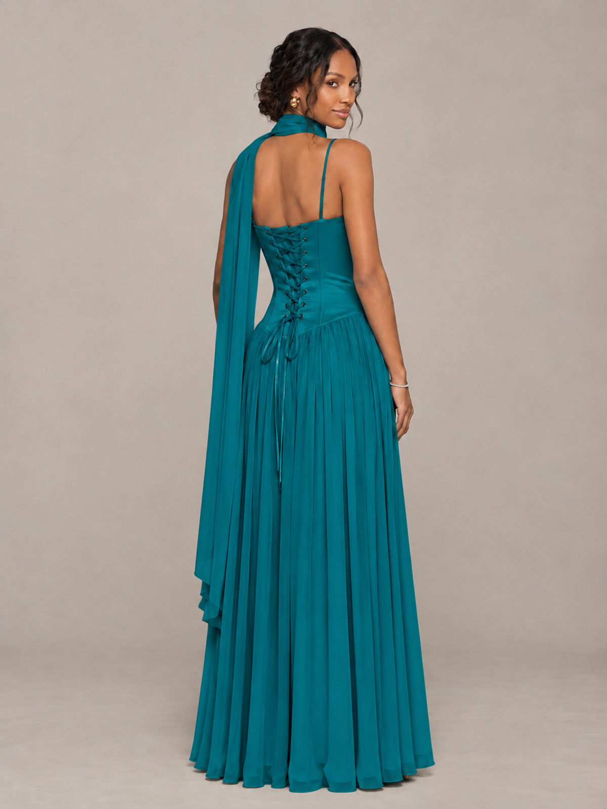 BOLODOO Peacock Corset Bridesmaid Dress with Scarf - Peacock - Peacock (2)