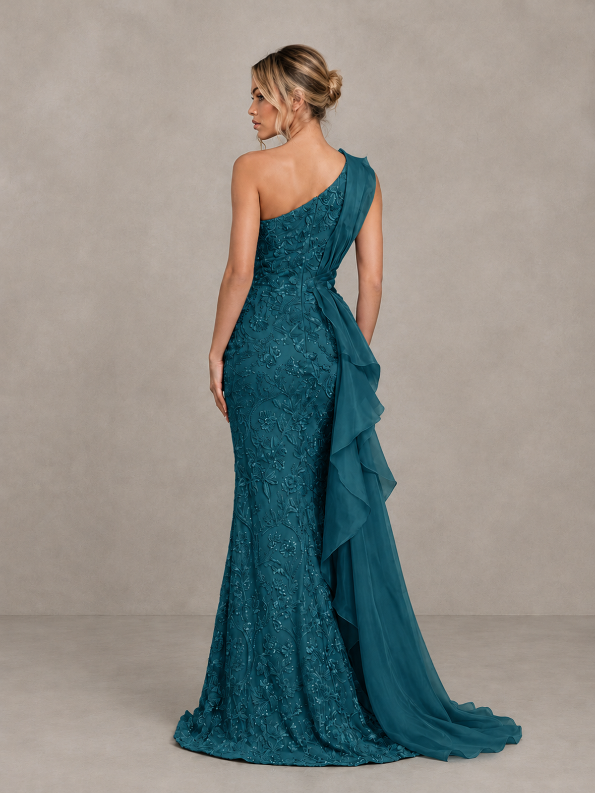BOLODOO Peacock One-Shoulder Floral Lace Evening Gown with High Slit - Peacock - Peacock (2)