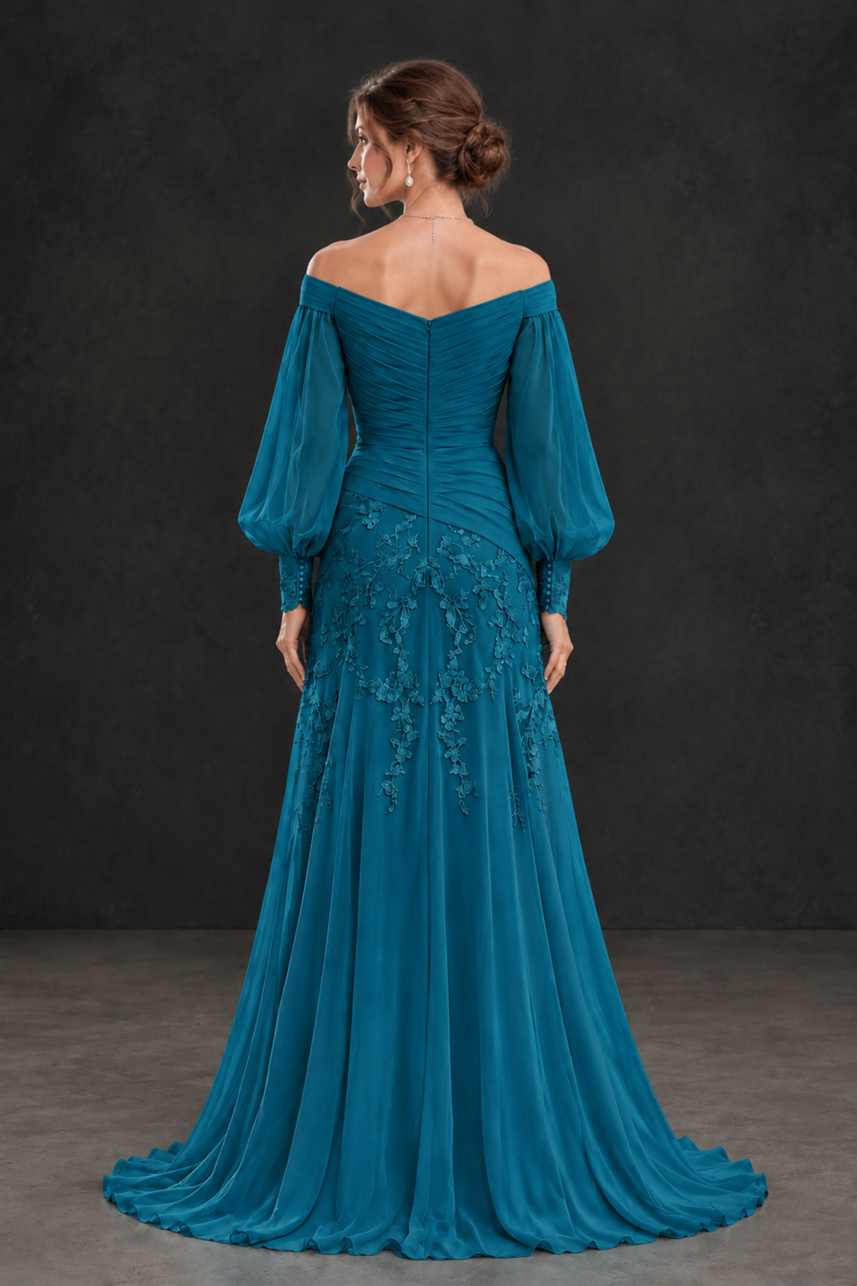 BOLODOO Peacock Long Sleeve Mother of the Bride Dress with Floral Appliqués - Peacock - Peacock (2)