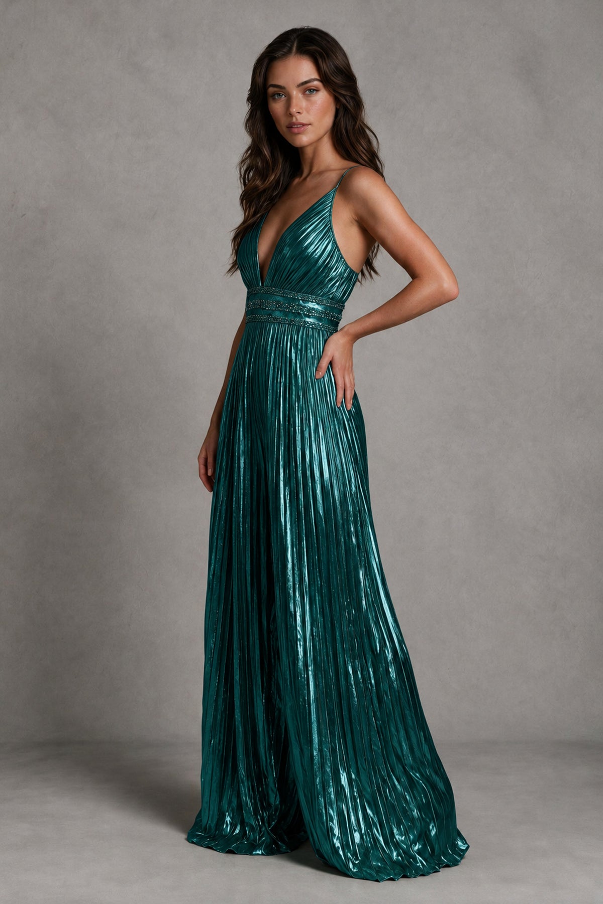 BOLODOO Peacock Pleated Wide-Leg Jumpsuit with Open Back - Peacock