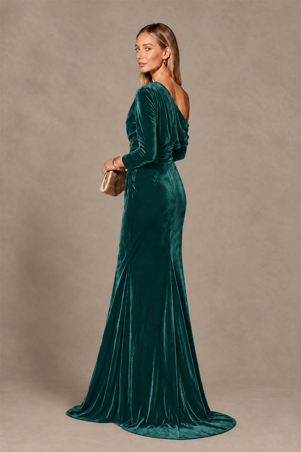 BOLODOO Peacock Velvet One-Shoulder Long Sleeve Evening Gown - Peacock