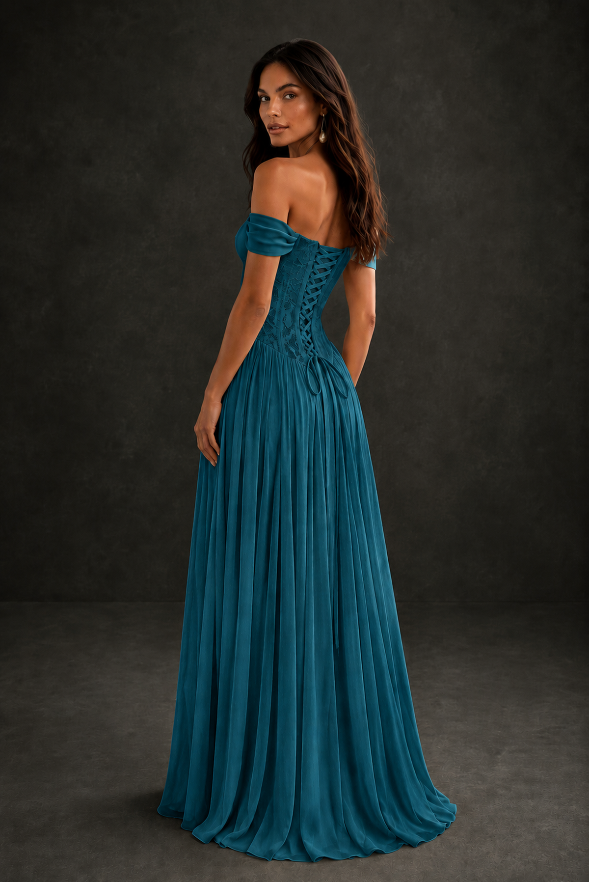BOLODOO Peacock Off-Shoulder Lace Corset Tulle Maxi Dress - Peacock