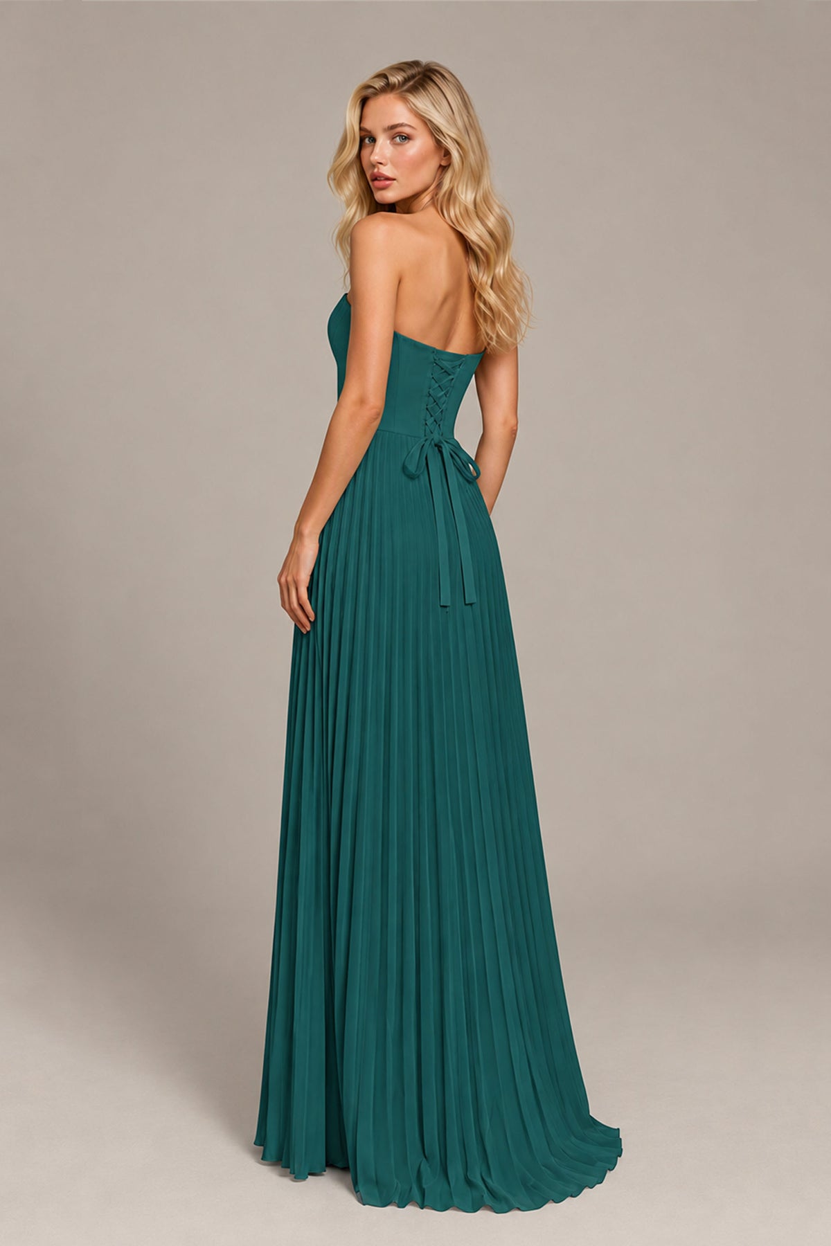 BOLODOO Peacock Strapless Sunburst Pleated Twisted Knot Lace-Up Back Accordion Pleated Chiffon Maxi Dress - Peacock