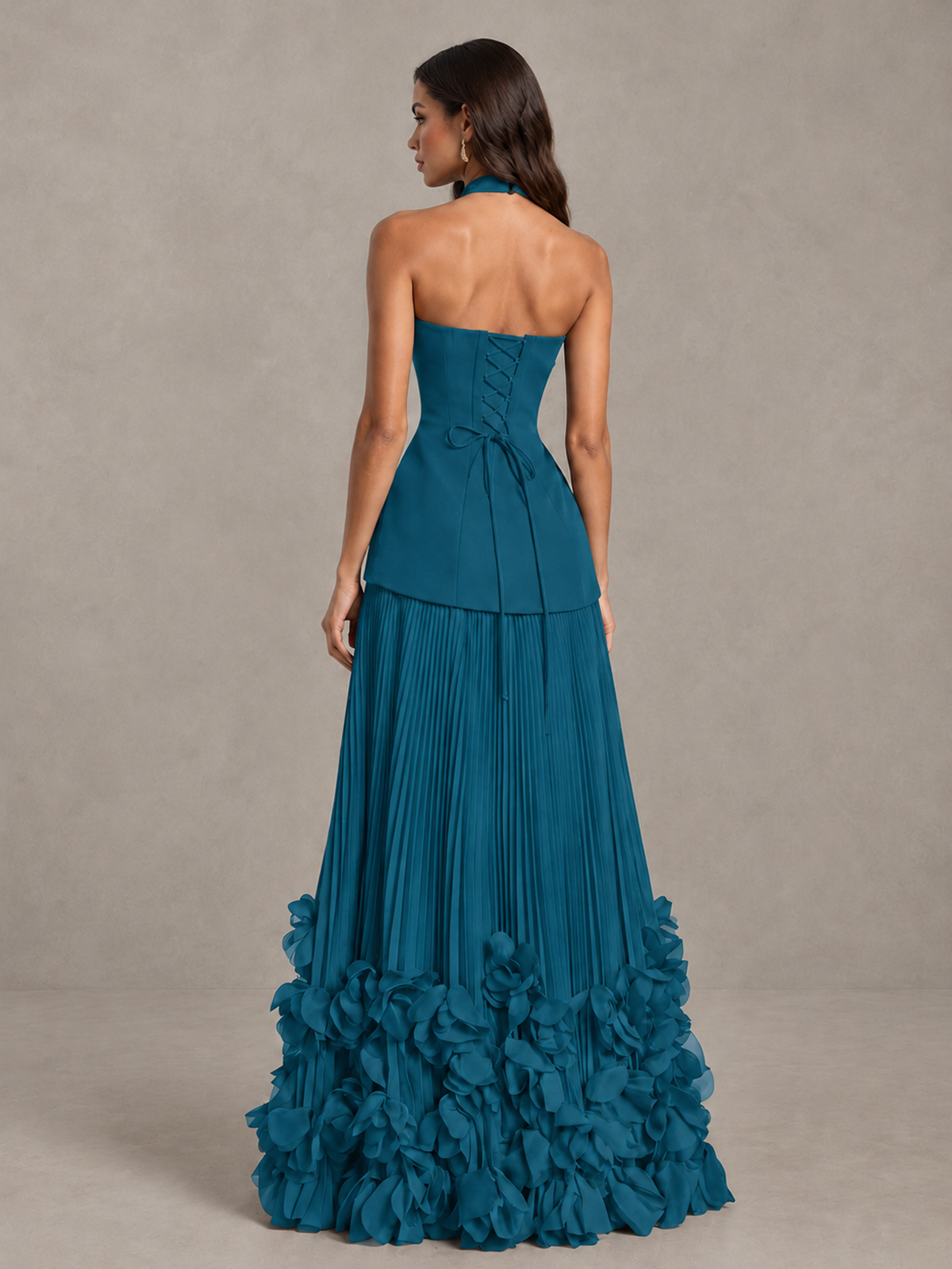 BOLODOO Peacock Halter Neck Floor-Length Evening Gown with High Slit & 3D Floral Hem - Peacock - Peacock (2)