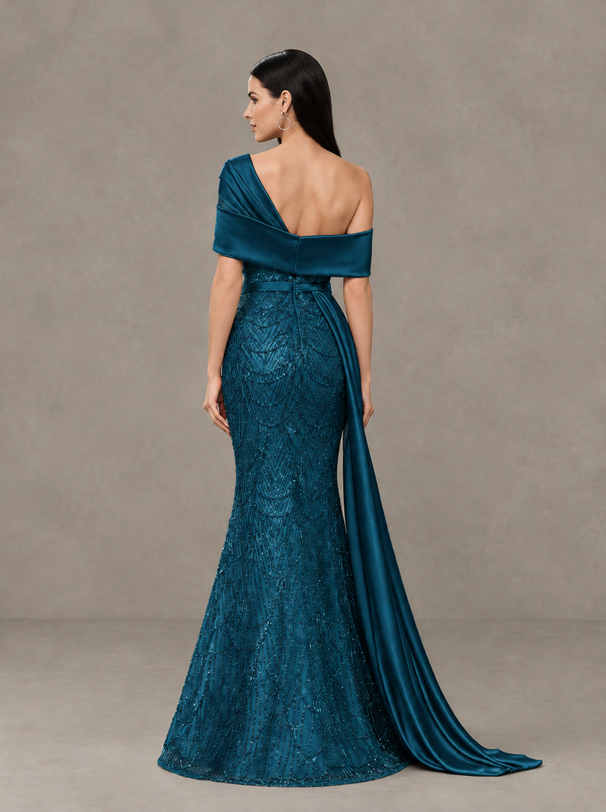 BOLODOO Peacock Asymmetric Draped Mermaid Evening Gown with Train - Peacock - Peacock (2)
