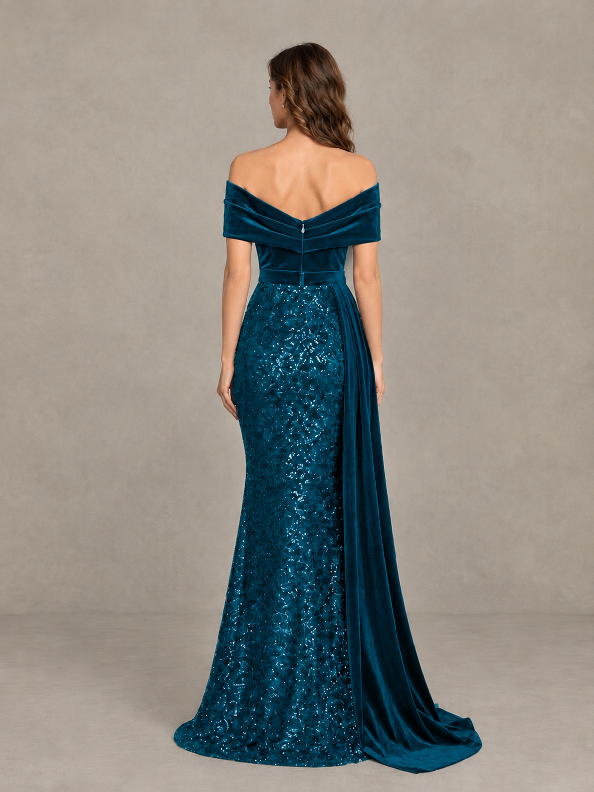 BOLODOO Peacock Off-Shoulder Velvet & Sequin Evening Gown with Side Train - Peacock - Peacock (2)