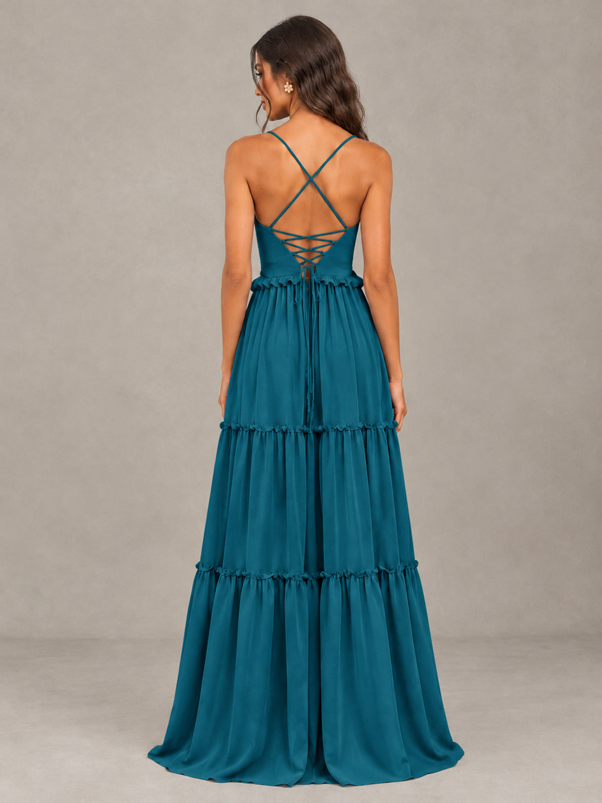 BOLODOO Peacock Tiered V-Neck Lace-Up Back Bridesmaid Dress - Peacock - Peacock (2)