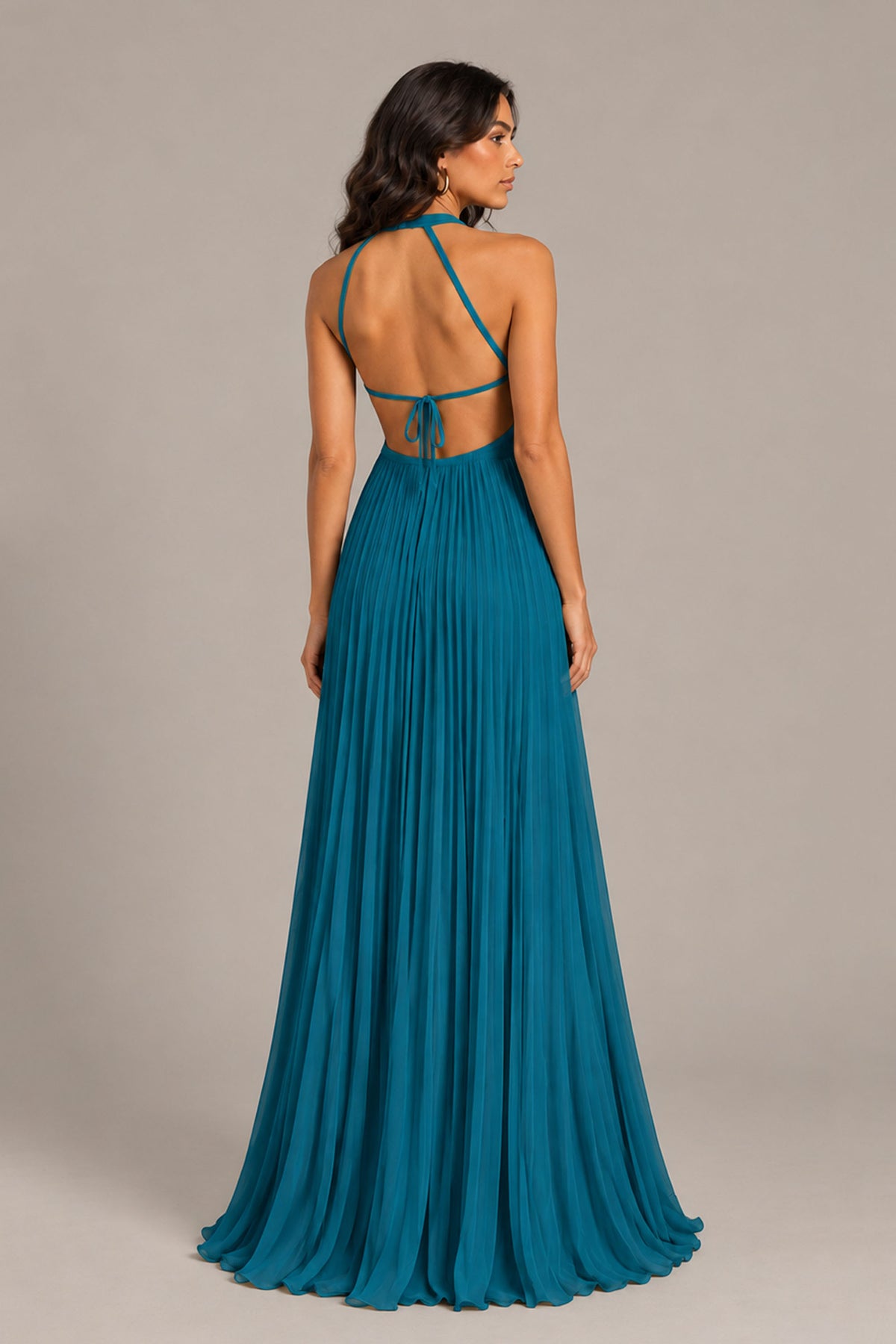 BOLODOO Peacock Halter Neck Pleated Chiffon Maxi Dress with Side Slit - Peacock