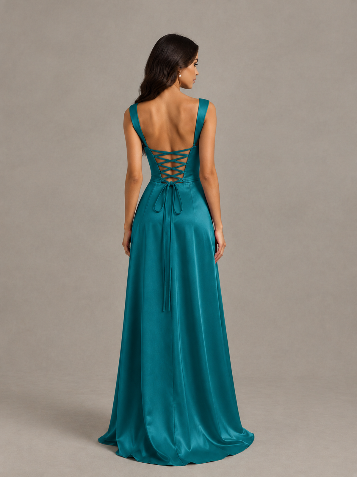 BOLODOO Peacock Satin Lace-Up Bridesmaid Dress with Slit - Peacock - Peacock (2)