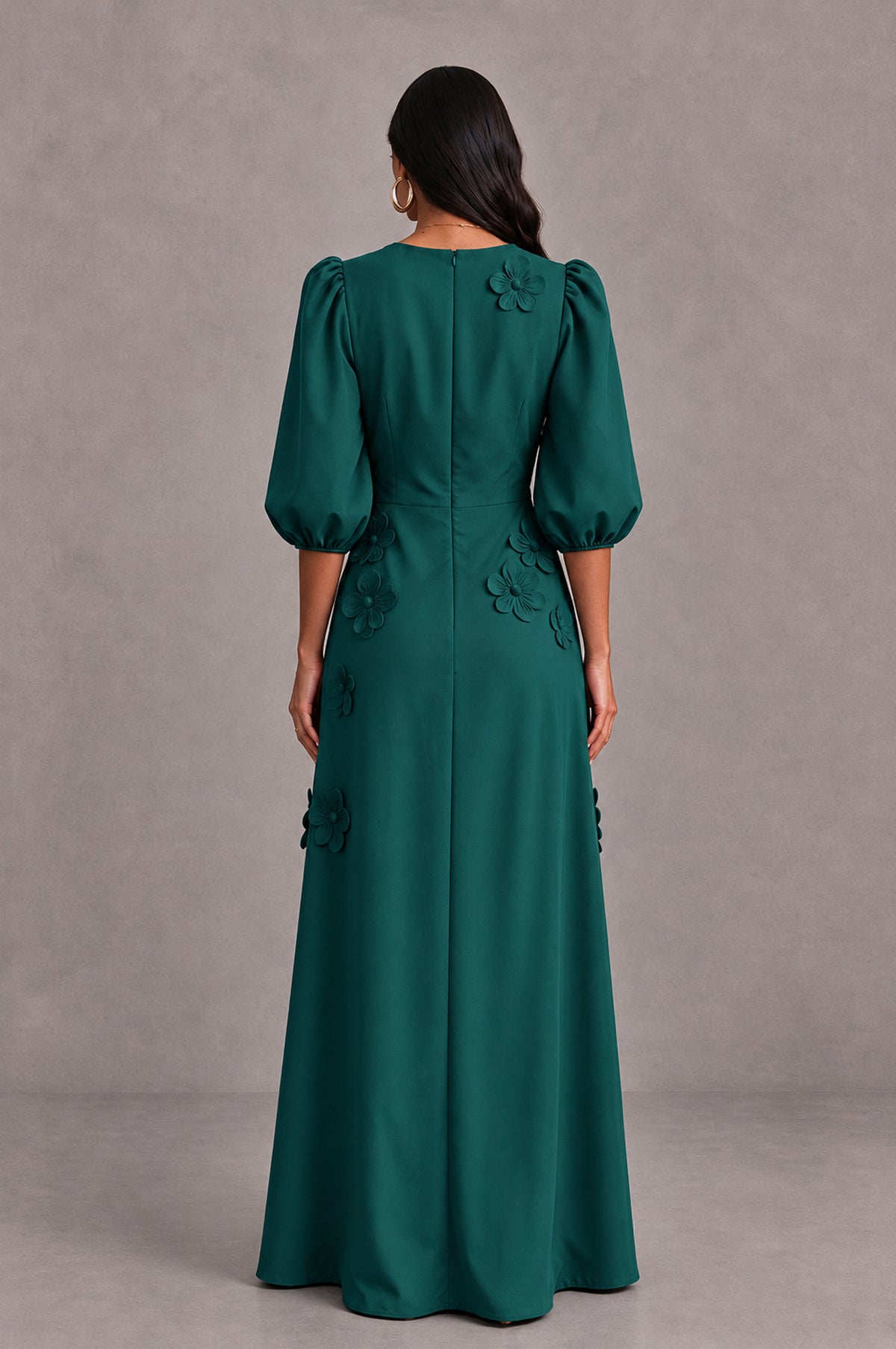 BOLODOO Peacock Floral Applique Puff Sleeve A-Line Evening Dress - Peacock - Peacock (2)