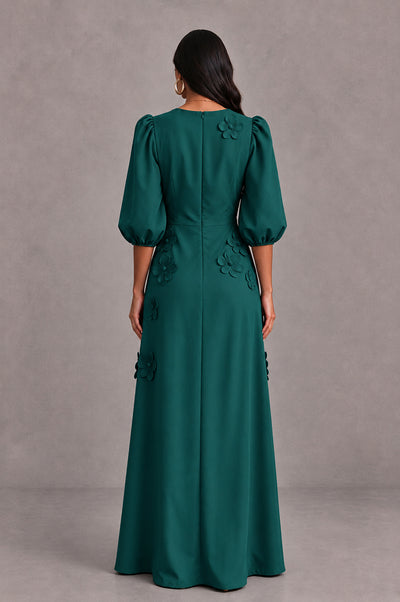 BOLODOO Peacock Floral Applique Puff Sleeve A-Line Evening Dress - Peacock - Peacock (2)