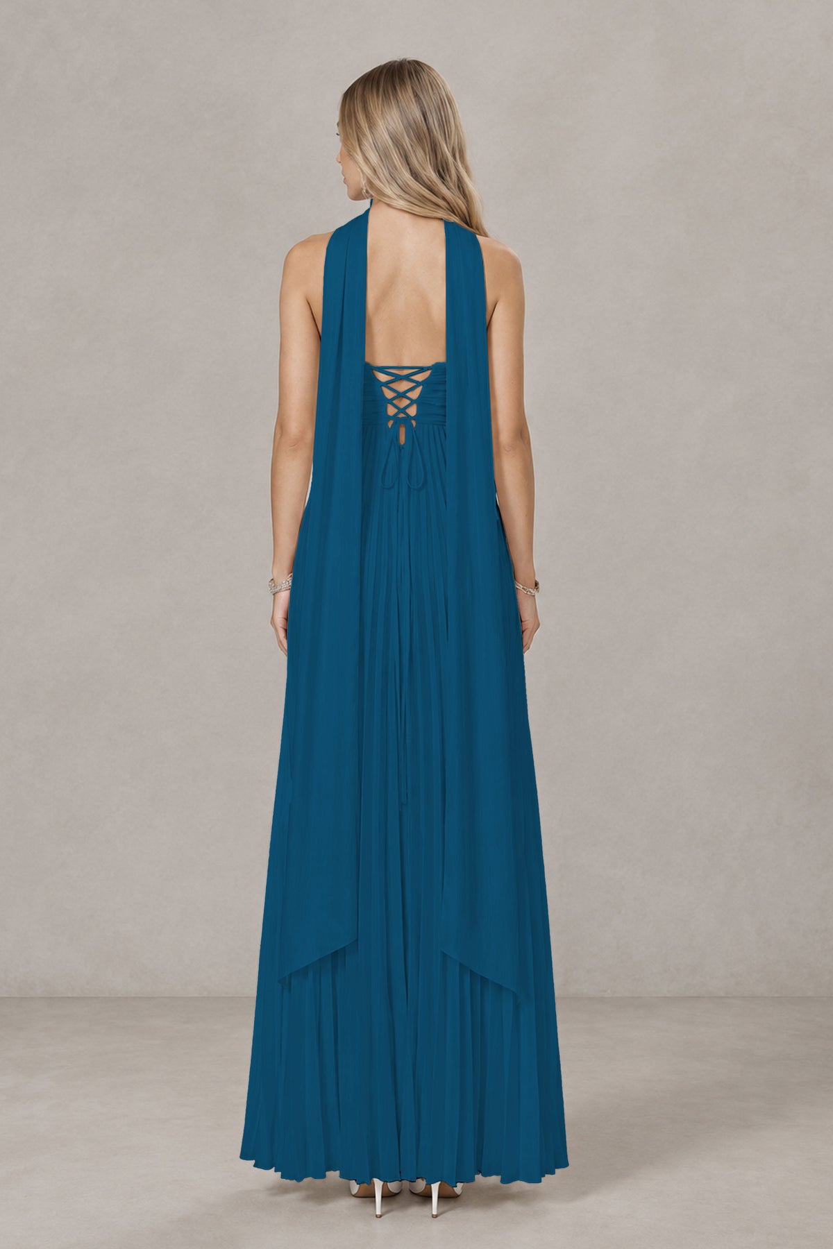 BOLODOO Peacock Strapless Chiffon-Look Maxi Dress with Lace-Up Back & Cape - Peacock